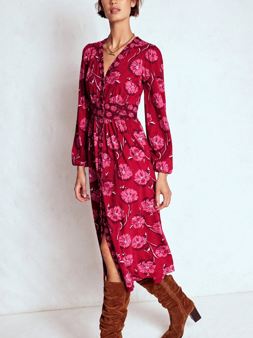 NWOT Boden Natalia Red Carnation Floral Jersey Long‑Sleeve Midi Dress Size 16/18